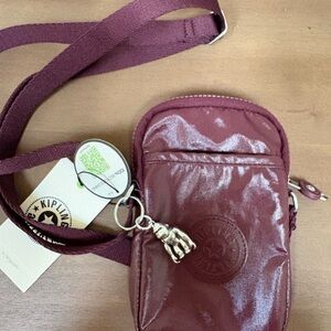 [NWT] Kipling Burgundy Phone Crossbody Bag with Silver Charm